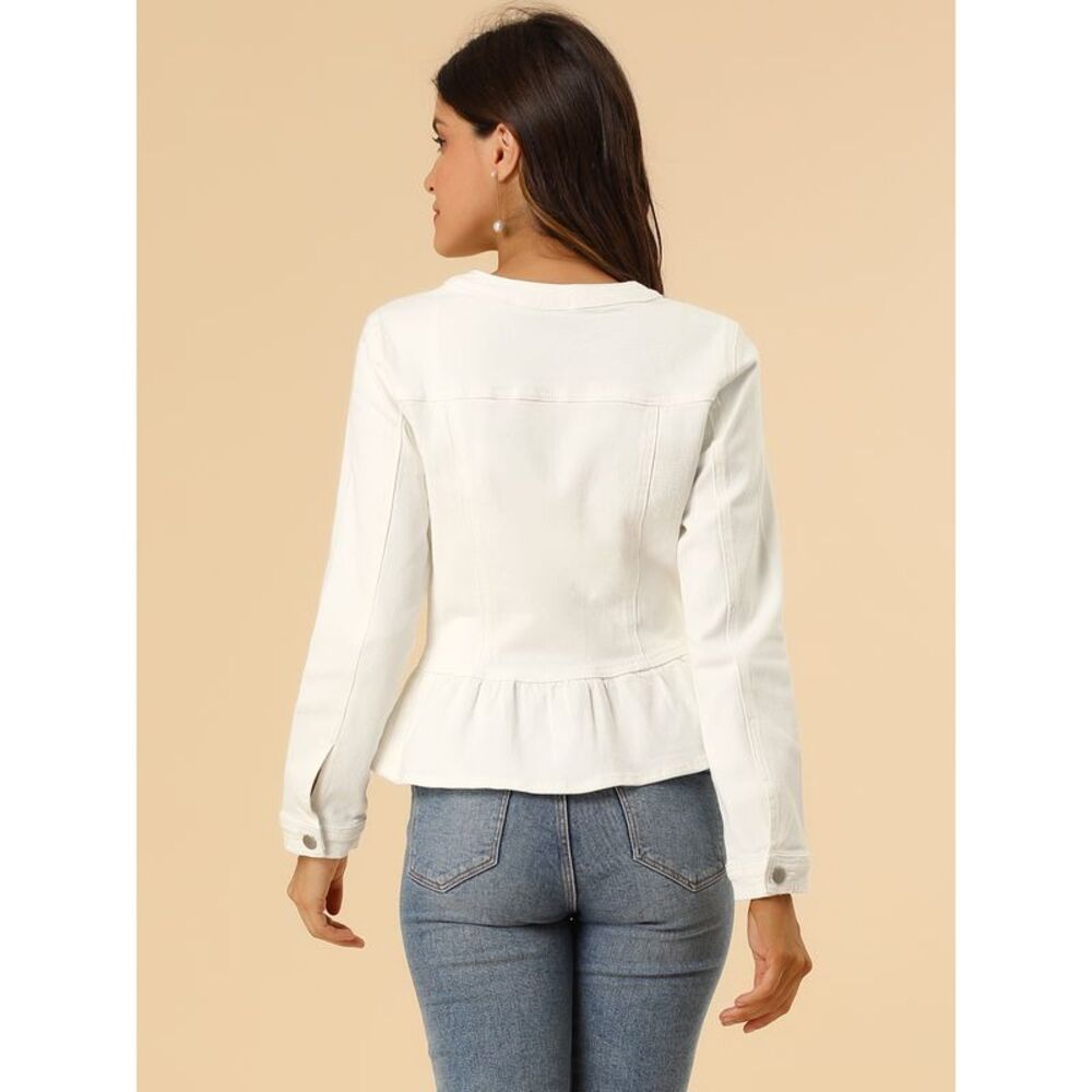 Women's Peplum Denim Jackets Collarless Round Neck White - Picture 5 of 6
